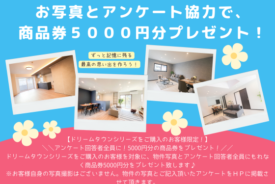 【ドリームタウンシリーズをご購入のお客様限定】アンケート回答者全員に!5,000円分の商品券をプレゼント!