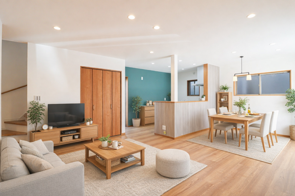 緑の壁紙がアクセントのお家