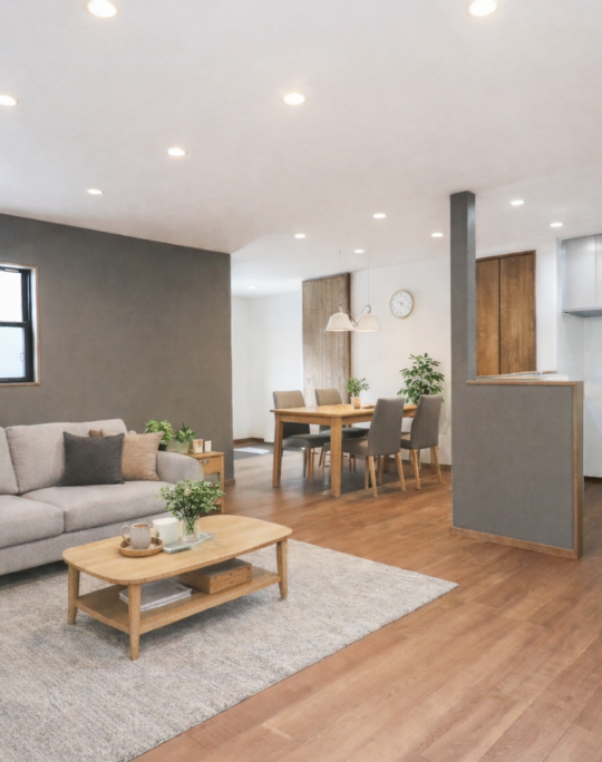 グレーの壁紙が高級感を出し落ち着く空間に。