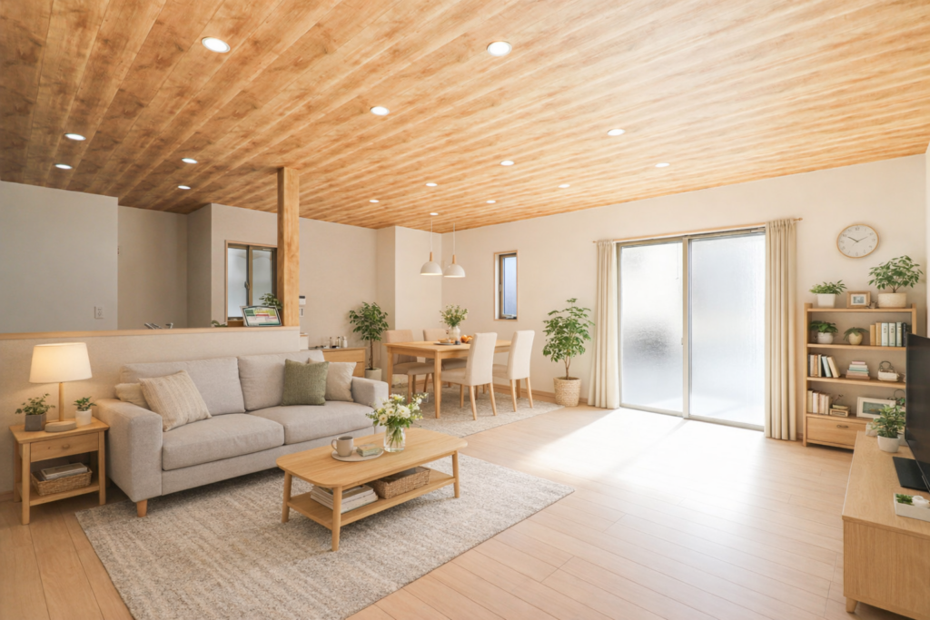 木目天井で温かい雰囲気に。