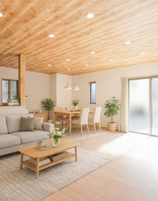 木目天井で温かい雰囲気に。